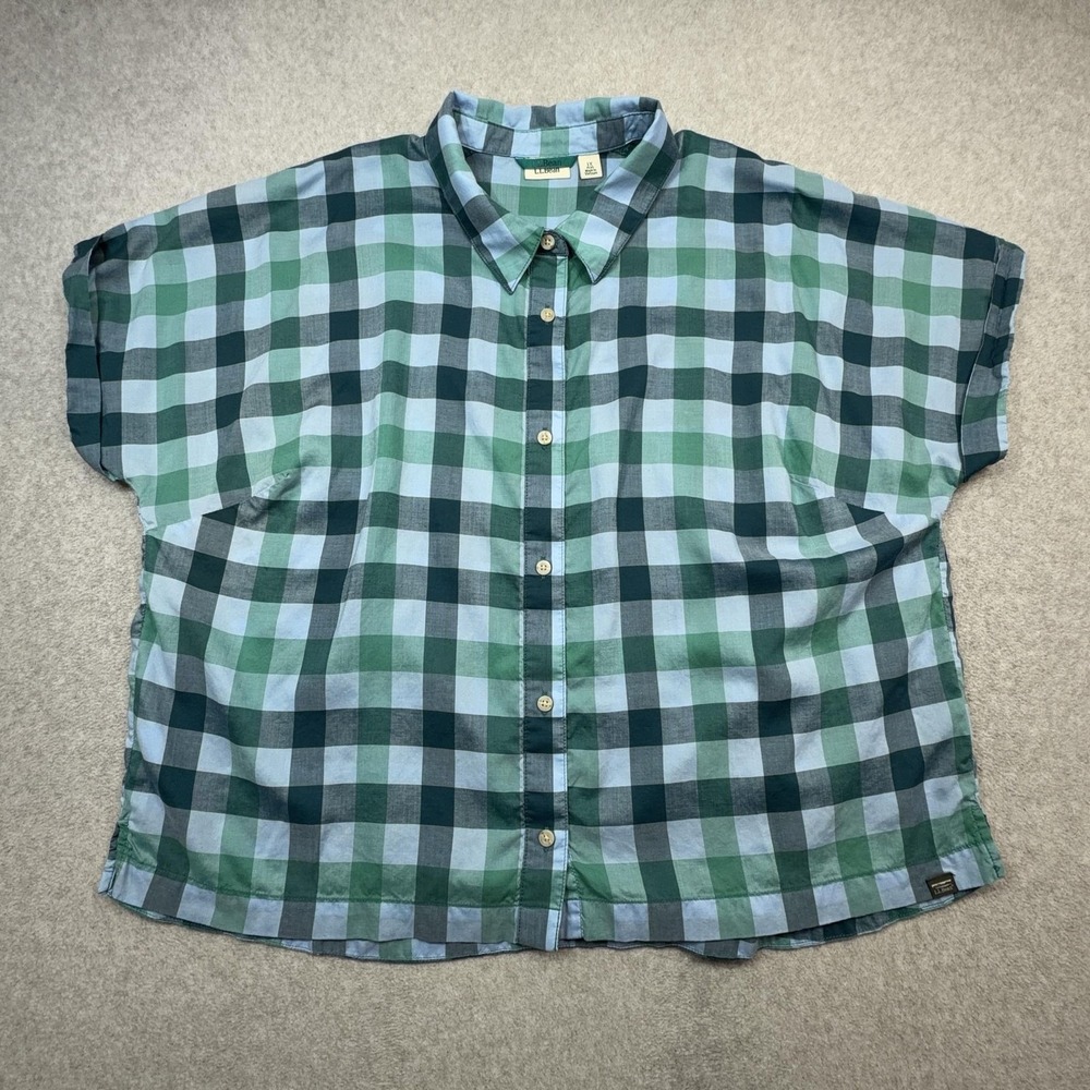 LL Bean Mountainside Shirt Womens 1X Plus Blue Green Plaid Short Sleeve Tencel